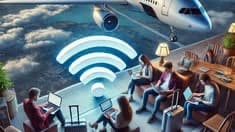 People working on laptops at an airport lounge with a Wi-Fi symbol overlay