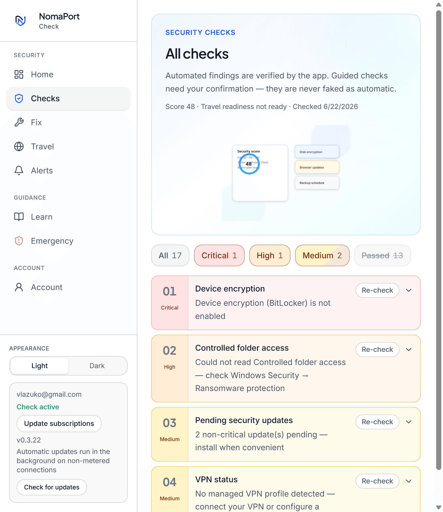 NomaPort Check list of device security checks with severity filters