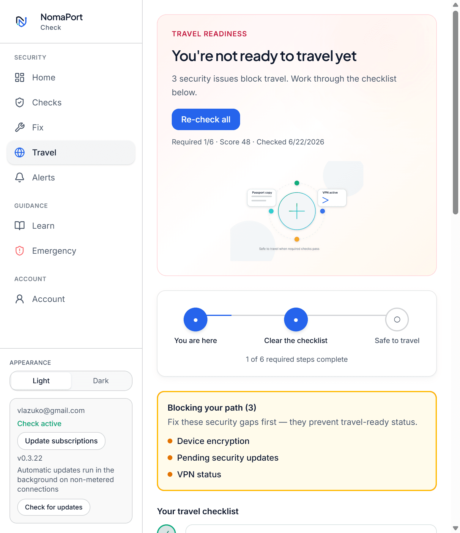 NomaPort Check travel readiness checklist with blocking issues