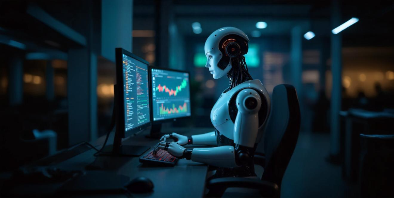 Humanoid robot working at a desk with two monitors