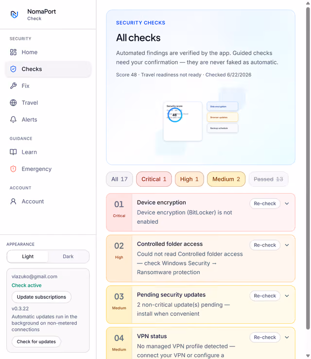NomaPort Check list of security checks by severity