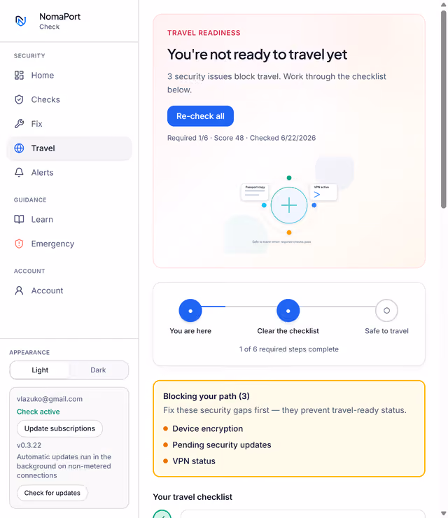 NomaPort Check travel readiness checklist