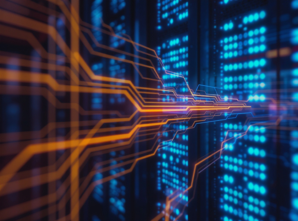 Server racks with glowing data lines