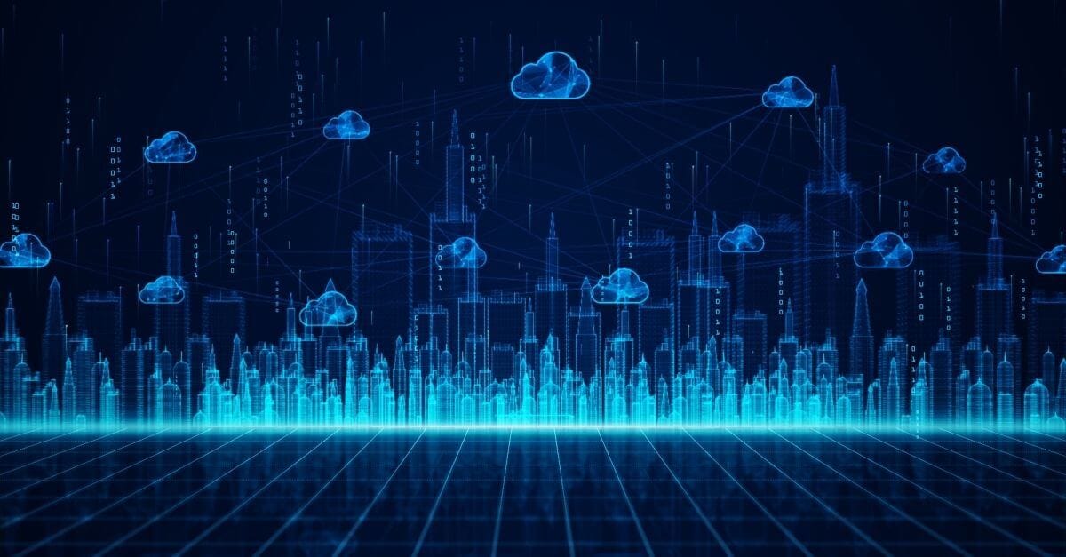 Cloud storage nodes above a digital city