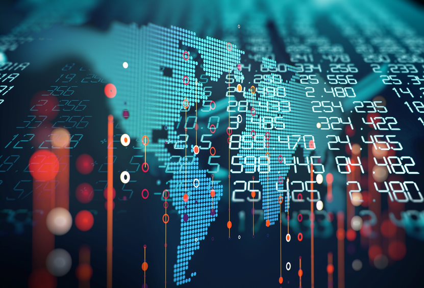 Digital world map with data overlays